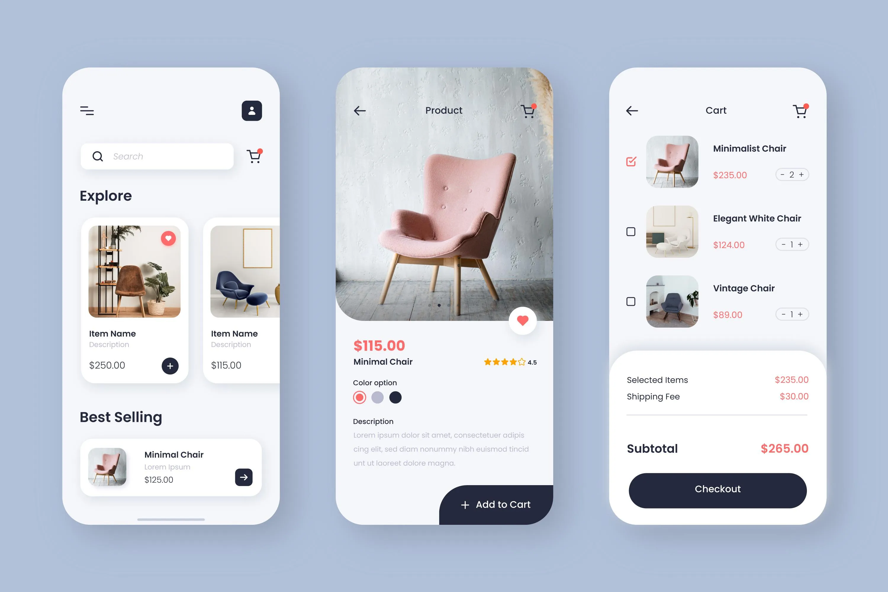E-commerce mobile app interface Mobile e-commerce app interface displaying furniture shopping screens: product exploration, detailed view of a pink chair, and a shopping cart summary.