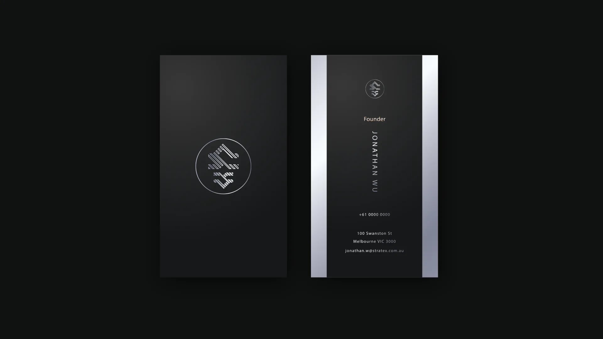Business card design Sleek, modern business card design featuring a black background with metallic silver accents. The front showcases a geometric logo in a circular frame.